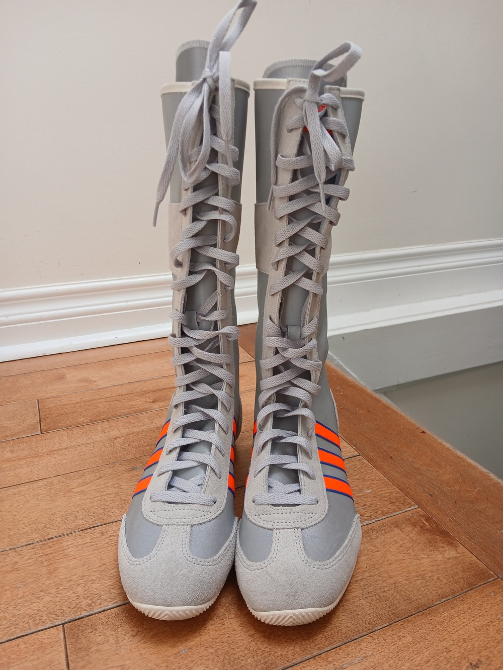 Adidas Japan VH Lace-Up Athletic Boots in Light Gray with Neon Orange Stripes